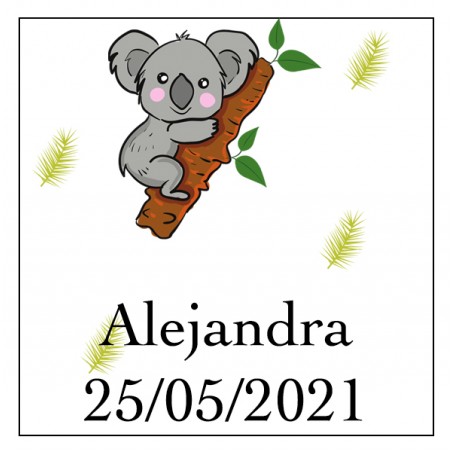 Adhesivo koala cuadrado para personalizar con nombre y fecha