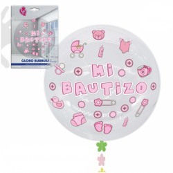 Recordatorio de Bautizo personalizado con una niña en un globo rosa