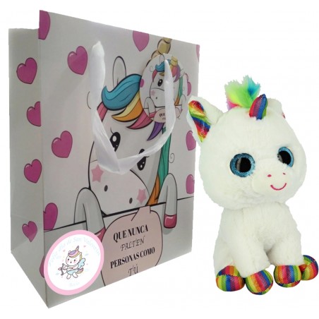 Peluche unicornio en bolsa con adhesivo regalo san valentín