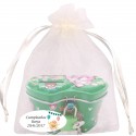 Hucha para niño surtida en colores en bolsa de organza beige personalizada con adhesivo