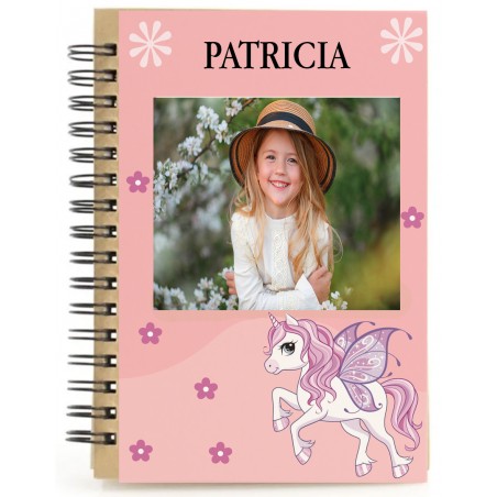 Libreta unicornio rosa personalizada con nombre y foto a todo color