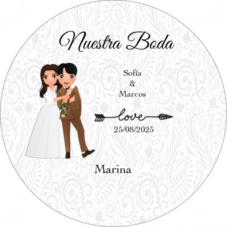 Adhesivo redondo personalizado con nombre de invitados y novios para bodas