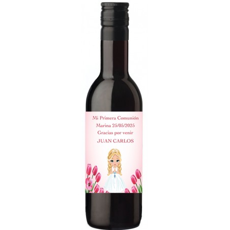 Botella comunión de vino personalizada con nombre de invitado y niña comunión