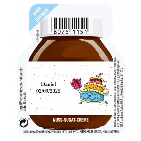 Nutella de 15 gramos para un servicio personalizada con adhesivo de cumpleaños