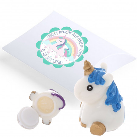 Bálsamo de labios en forma de unicornio presentado en caja con adhesivo para regalo de amigas