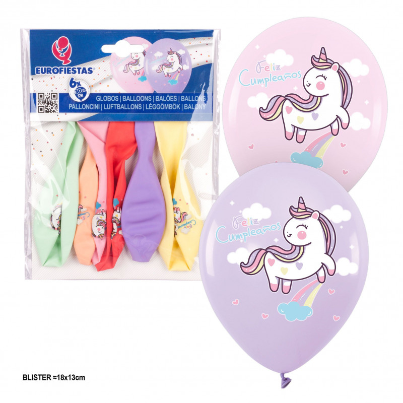 Globos 6 impresos colores pastel feliz cumple unicornio