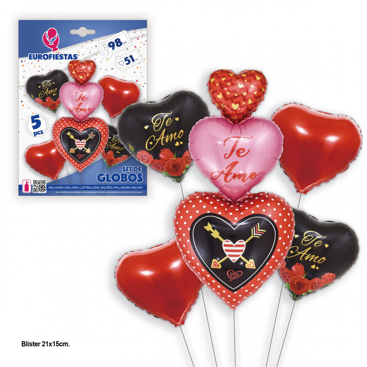 Set globos foil corazones te amo