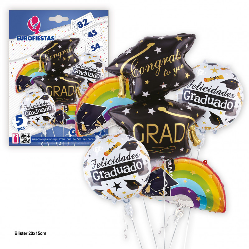 Set globos foil graduacion arco iris