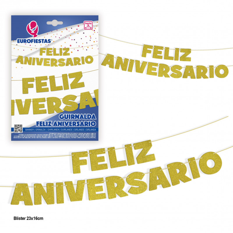 Guirnalda letras feliz aniversario purpurina oro