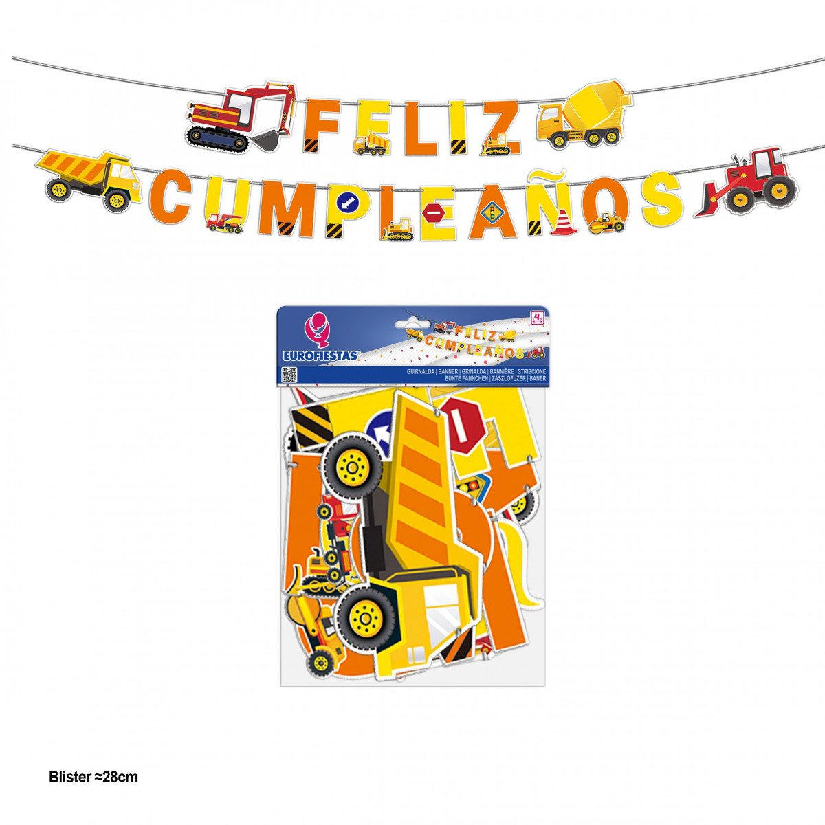 Guirnalda feliz cumpleaños vehiculos de construccion