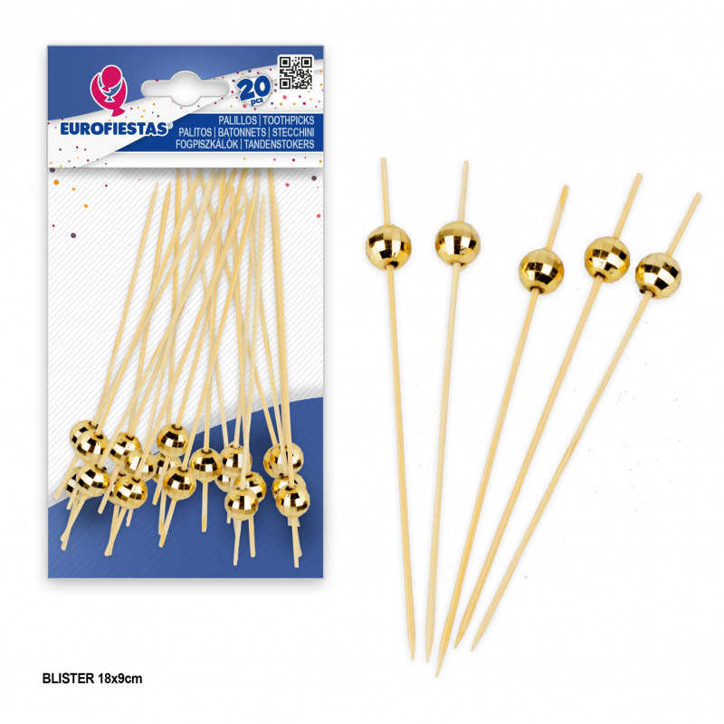 20 palillos 12cm bolas disco oro