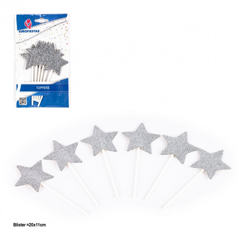 Topper estrellas purpurina plata 6pcs