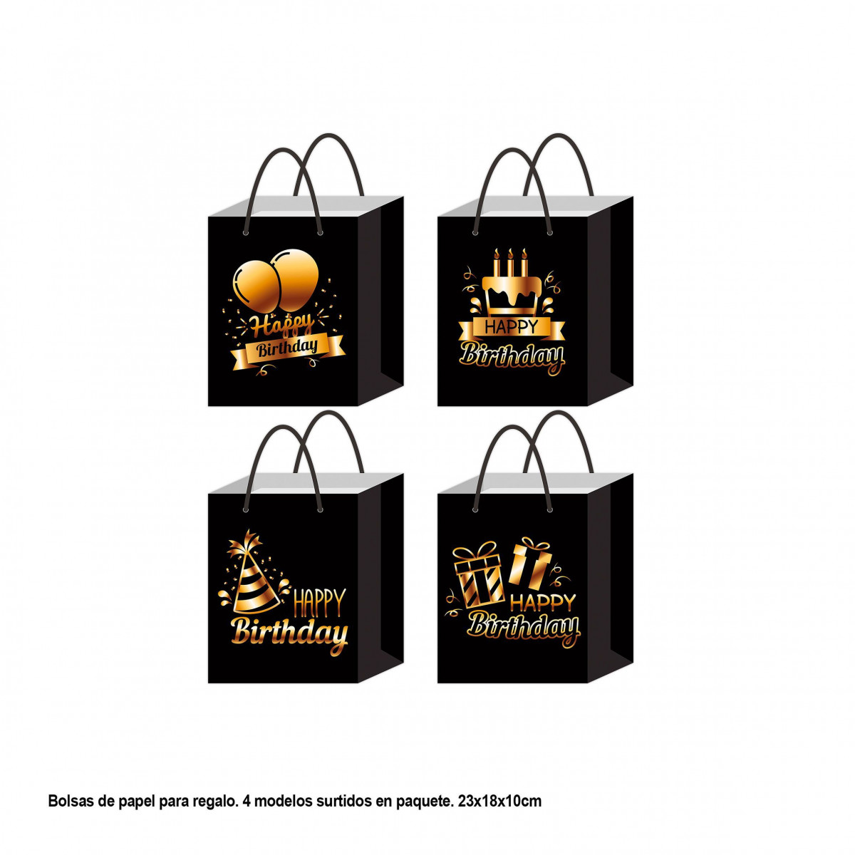 Bolsa regalo happy birthday negra motivos festivos oro metal 23x18x10cm peq 4ms