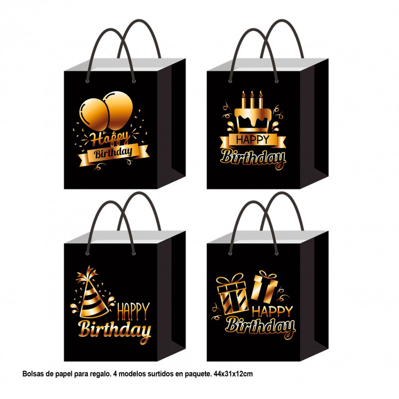 Bolsa regalo happy birthday negra motivos festivos oro metal 44x31x12cm gr 4ms