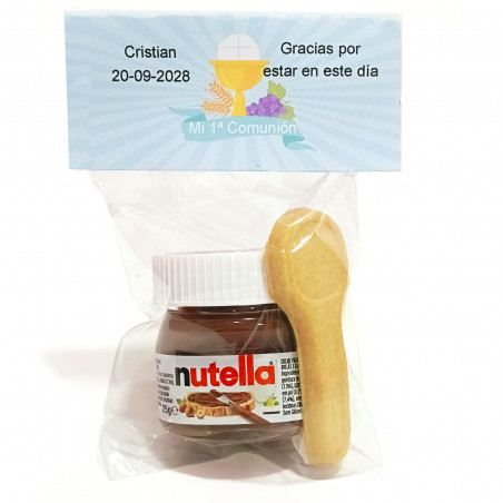 Nutella en bote pequeño con cuchara de galleta presentado en bolsa y cierre personalizable de comunión