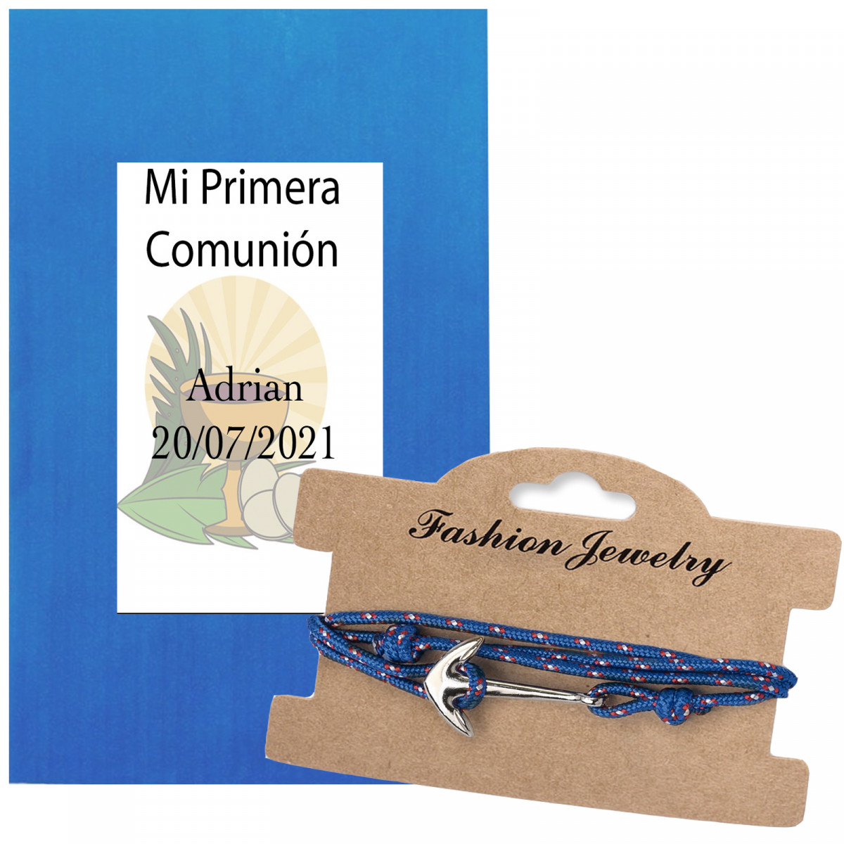 Pulsera con ancla y sobre con pegatina personalizada para comunión