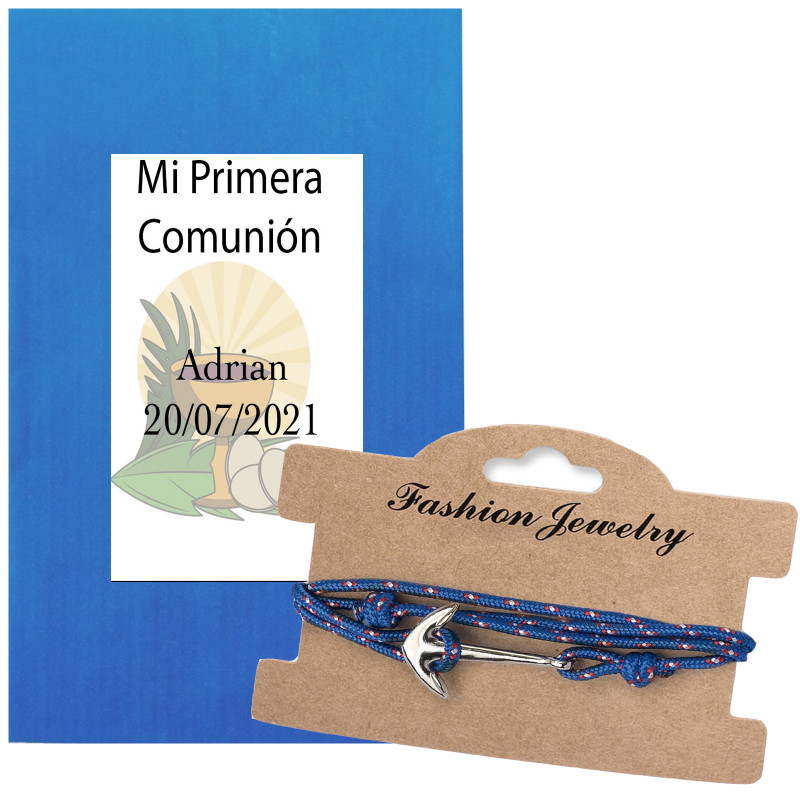 Pulsera con ancla y sobre con pegatina personalizada para comunión