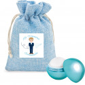 Bálsamo de labio con protección solar en forma de esfera azul presentada en bolsa rústica con adhesivo de comunión