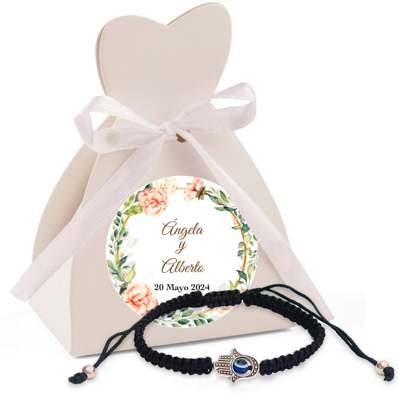 Pulsera mano de fátima en caja con adhesivo personalizado para detalles boda