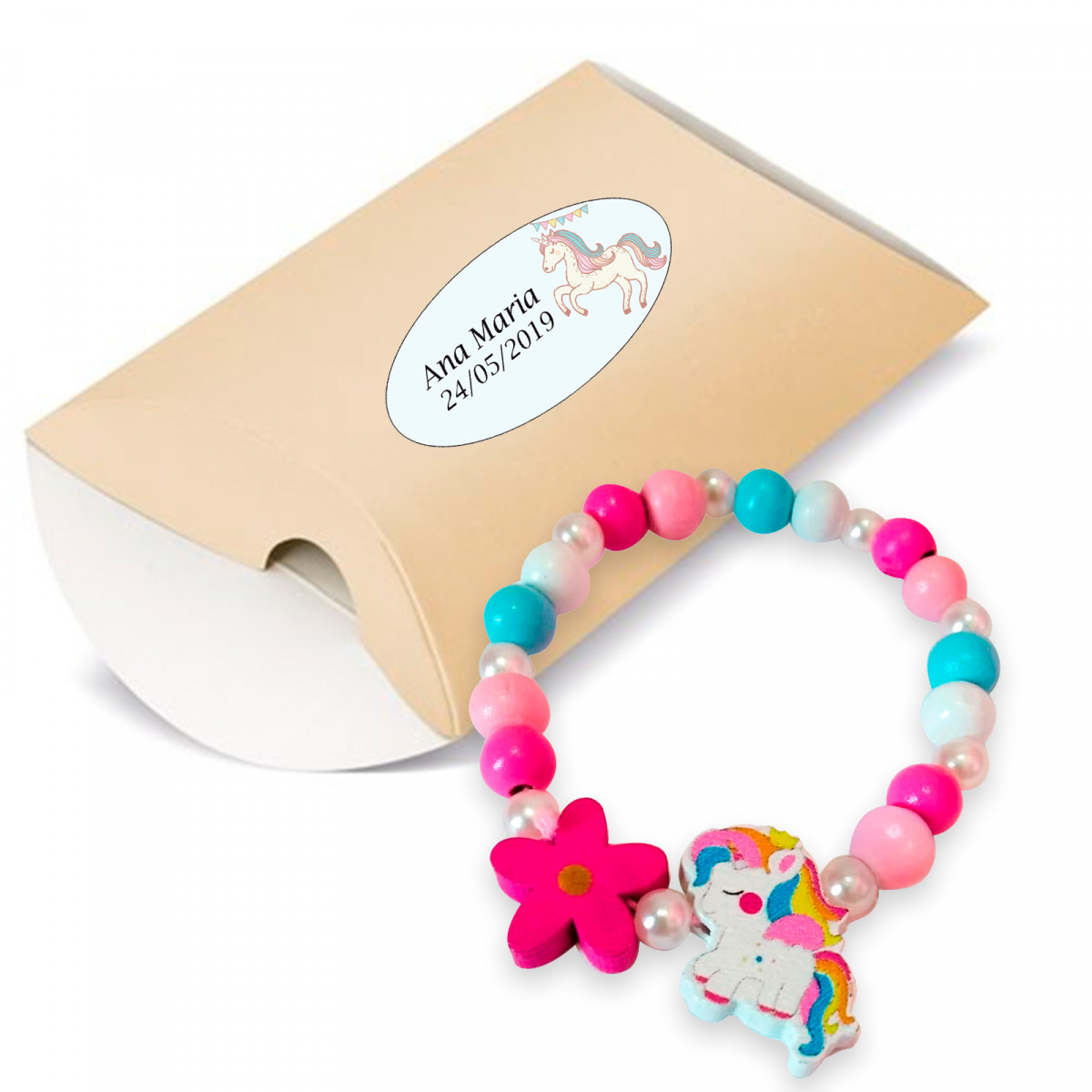 Pulsera unicornio en caja con adhesivo de cumpleaños personalizado