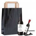 Botella de vino personalizada con sacacorchos personalizado presentado en bolsa kraft negra