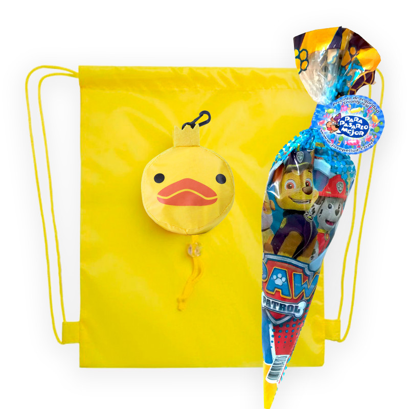 Cono de chuches en mochila de patito para detalles niños