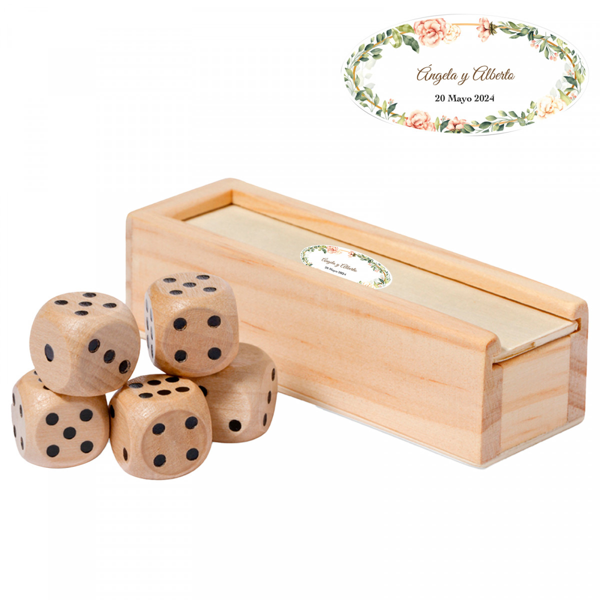 Juego de dados de madera en estuche con adhesivo personalizado