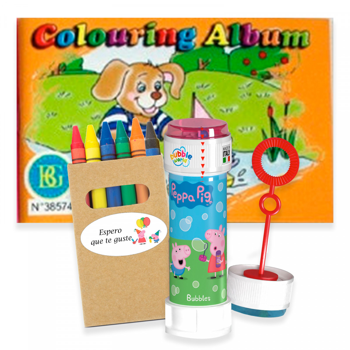 Libro para colorear con ceras de colores y pompero peppa pig personalizado