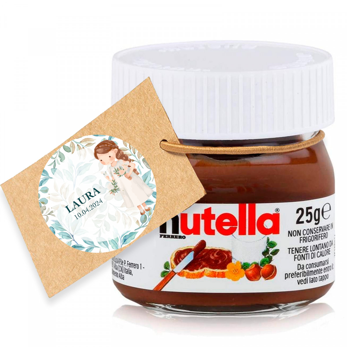 Nutella 25 gr. con etiqueta colgante y adhesivo personalizado para detalles comunión niña