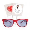 Gafas de sol de niño rojas con piruleta corazon y adhesivo personalizado de graduación