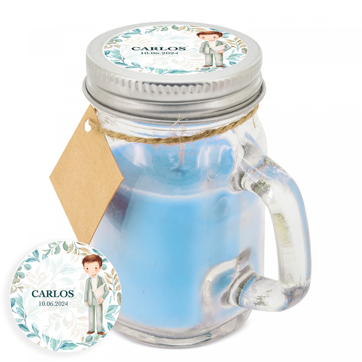 Vela aromática con adhesivo personalizado para detalles de comunión niño