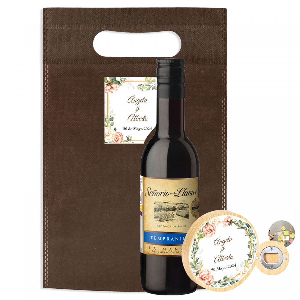 Botella pequeña vino para regalo con abridor imantado personalizado en bolsa de regalo