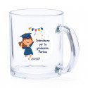 Taza de cristal con adhesivo de graduación personalizado niña