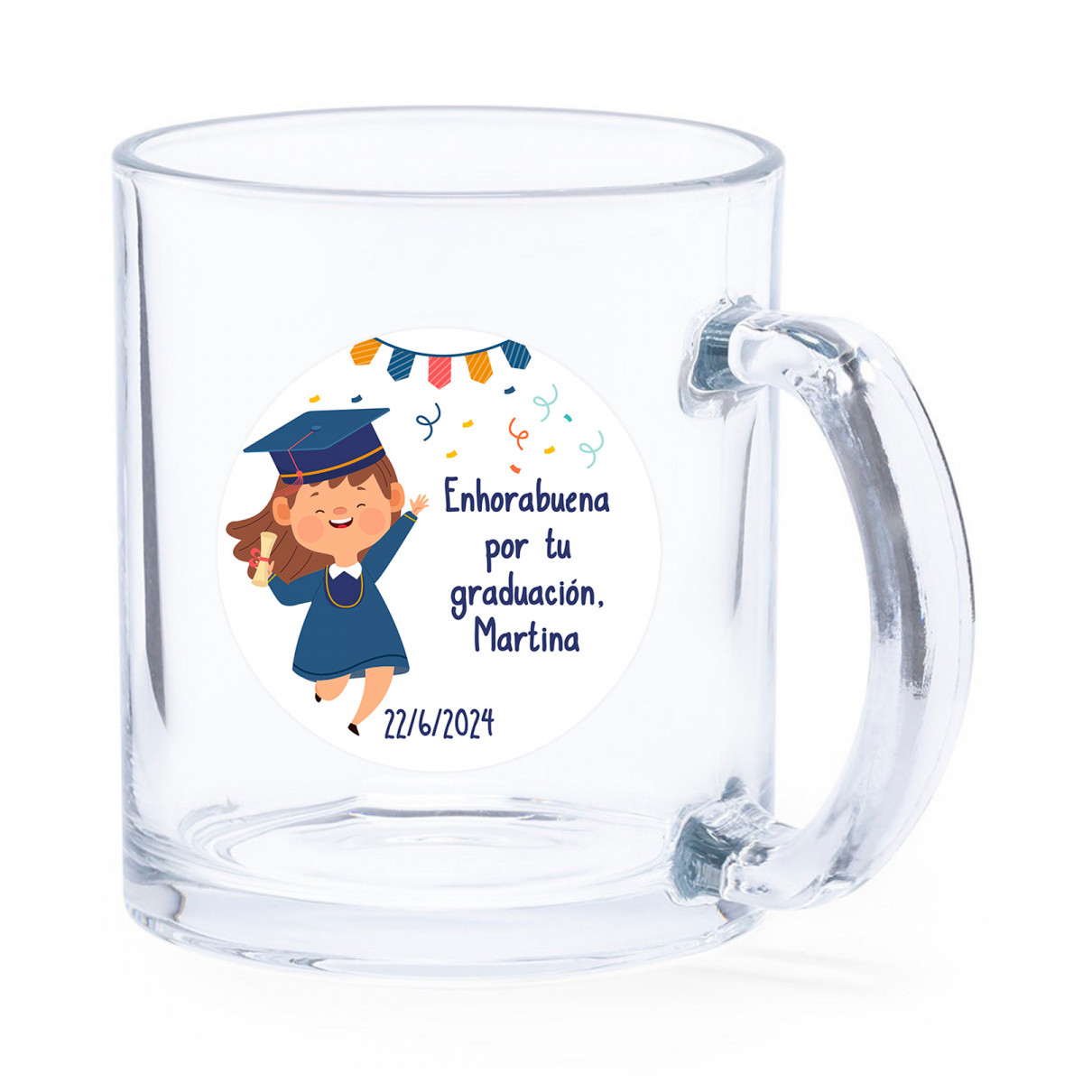 Taza de cristal con adhesivo de graduación personalizado niña