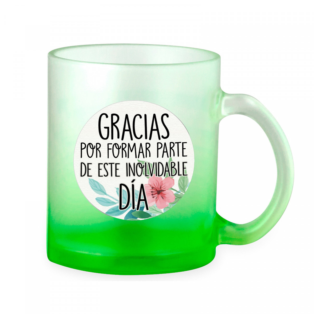 Taza de cristal con asa y adhesivo con frase de agradecimiento