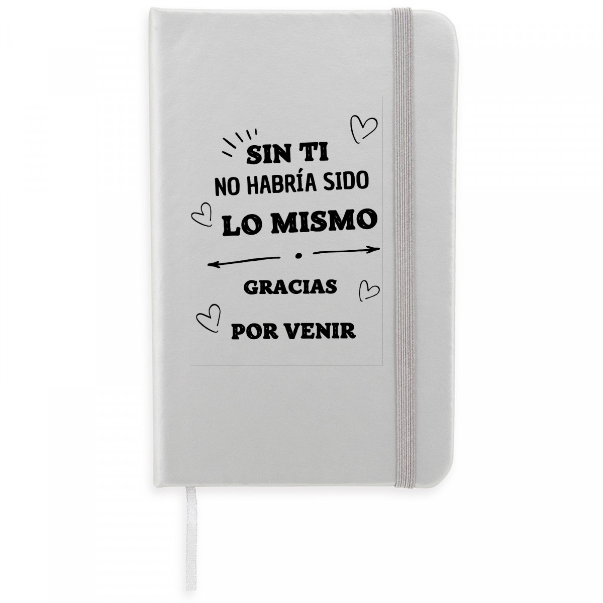 Libreta de notas pasta dura en color plata y adhesivo con frase de agradecimiento