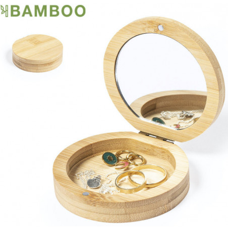 Joyero de bambú con espejo personalizado con adhesivo para bautizos