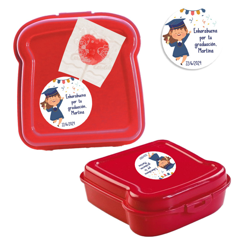 Fiambrera para sandwich y piruleta de corazón a juego para graduación con adhesivo personalizado chica