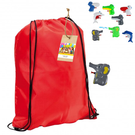 Mochila saco roja y pistola de agua de animales con hangtag personalizado para cumpleaños