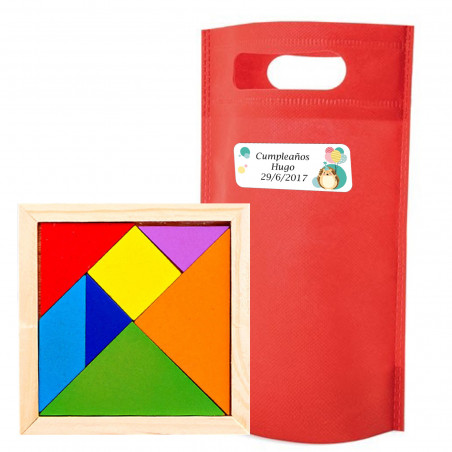 Tangram para niños en bolsa de regalo con adhesivo para personalizar