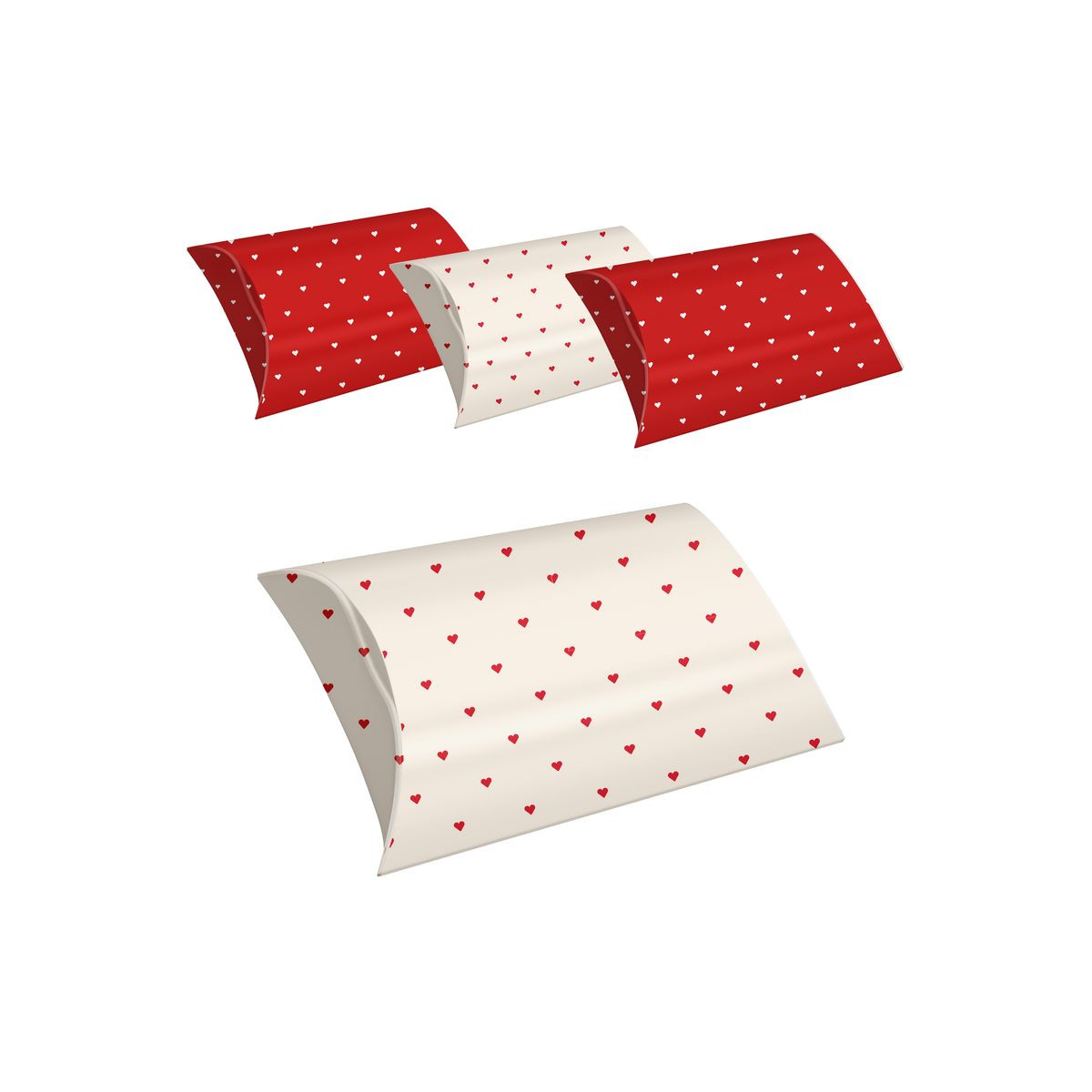 Set de 4 cajas tamaño M para regalos con corazones estampados en colores rojo y blanco