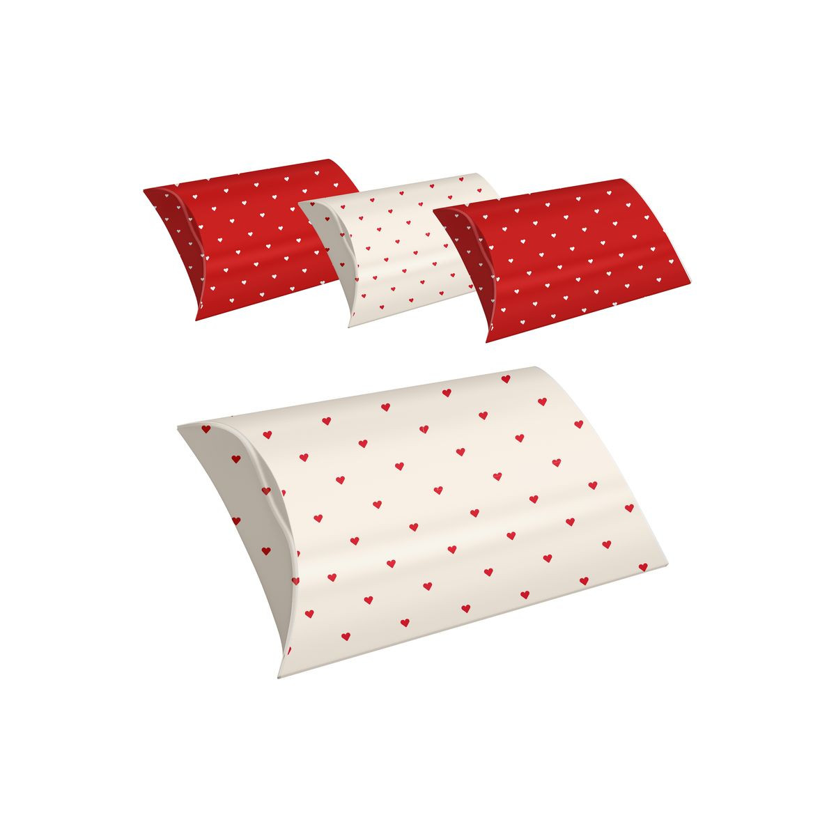 Set de 4 cajas tamaño L para regalos con corazones estampados en colores rojo y blanco