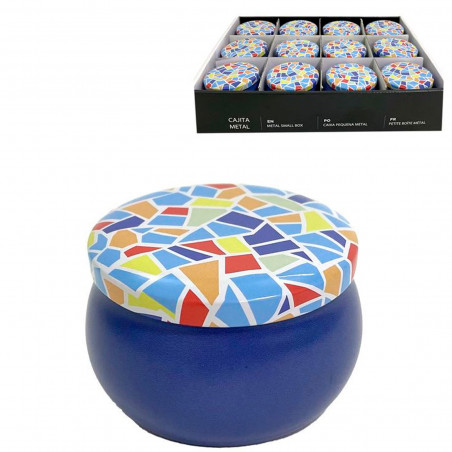 Caja metálica con mosaico de colores