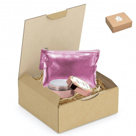 Brillo de labios personalizado con adhesivo y monedero presentado en una caja de cartón personalizada