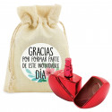 Perfumador recargable en forma de corazón rojo presentado en bolsa con adhesivo de frase de agradecimiento