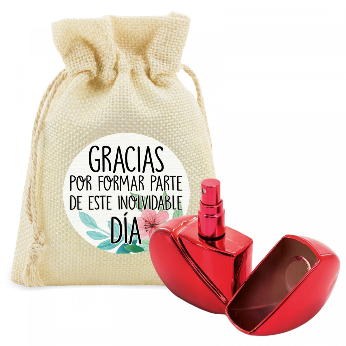 Perfumador recargable en forma de corazón rojo presentado en bolsa con adhesivo de frase de agradecimiento