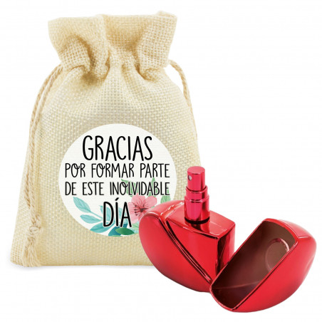 Perfumador recargable en forma de corazón rojo presentado en bolsa con adhesivo de frase de agradecimiento