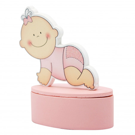 Cajita imantada con figura de bebé rosa para bautizo niña