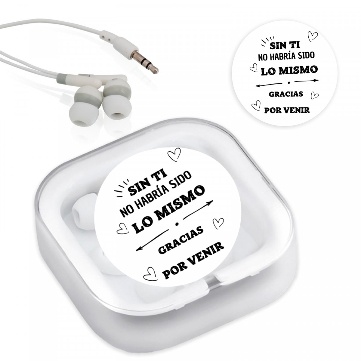 Auriculares en caja con adhesivo de agradecimiento para detalles