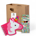 Libreta de unicornio y ceras de colores en caja de unicornios en bolsa con adhesivo personalizado para detalles